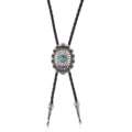Bohemian silver sunburst bolo tie with turquoise stone and black braided leather cord - Oval Floral Style (Style B)