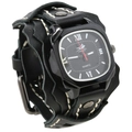 Orologio uomo in pelle nera stile punk rock con cinturino largo a strati e cuciture bianche - Nero