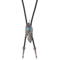 Retro bolo tie with turquoise silver feather pendant and black braided PU leather cord - Antique Silver