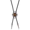Vintage zilveren bolo tie met bloemmotief, tijgeroogsteen en zwart gevlochten touw - Antiek Zilver