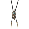 Vintage bolo tie featuring a bronze feather pendant with a turquoise bead and woven PU cord - Bronze