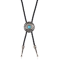 Bohemian silver bolo tie featuring a turquoise floral pendant and black woven cord - Round Radial Style (Style A)