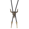 Vintage bronze bull skull bolo tie with black braided leather cord and western motifs - Bronze