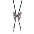 Vintage western bolo tie with a carved butterfly pendant on black braided PU leather cord - Antique Silver