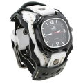 Punk style wide leather cuff watch with white stitching and Roman numeral dial - Black And White Leather