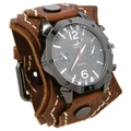 Brown leather punk rock wide cuff watch with white hand-stitched details for men - Brown