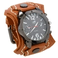 Retro punk style men's quartz watch with brown lychee leather strap and white stitching - Tan