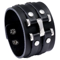 Bracelet large en cuir style punk avec rivets argentés et boucle métallique en forme de H - Noir