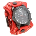 Punk style wide red leather cuff watch with white stitching and black metal studs - Red