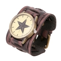 Retro punk wide leather watch featuring a dark brown cowhide band with a star pattern dial - Brown (Hard Leather)