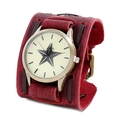 Vintage punk style wide red leather cuff watch with bronze case and star dial design - Retro Red