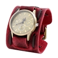 Orologio a polsino punk in pelle bordeaux vintage con cassa in metallo bronzo - Rosso Retrò