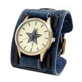 Blue leather punk wristband watch featuring a bronze star dial and woven leather accents - Retro Blue