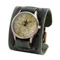 Vintage punk men's wide leather watch in dark green with bronze steampunk dial - Retro Green