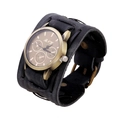 Retro punk style wide black leather watch with woven strap and bronze metallic case - Black