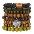 Mehrlagiges elastisches Holzperlen-Armband Set mit Kürbisformen und Sonnen-Anhänger - Vintage Mehrschichtiger Stil (TZ796)