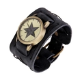 Punk style wide black leather watch with vintage brass case and star pattern dial - Black
