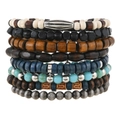 Bohemian mehrlagiges Holzperlen-Armband-Set mit Türkis und metallischen Akzenten - Mehrlagige Stapelbare Perlenkollektion
