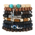 Bohemian multilayer wood bead bracelet set with vintage feather pendant and evil eye charm - Bohemian Vintage Set
