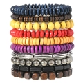 Bohemian multilayer wood bead bracelet set with diverse colorful beads and metal accents - Bohemian Vintage Style (TZ804)