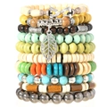 10pcs Bohemian multilayer handmade bracelet set with wood beads and leaf charms - Colorful