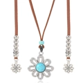 Collar étnico bohemio con colgante de girasol turquesa en cordón de cuero marrón - Tostado