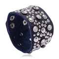 Bracciale largo in pelle stile punk con borchie argentate e strass scintillanti - Blu Scuro Rivetto Strass (DB004)
