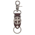 Punk vintage cowhide leather keychain with silver cross and fish metal pendant - Brown