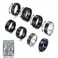 Set of 8 rotating black titanium steel anxiety rings for men with various textures - US 6 / Black