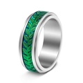 Macro detail of rotating silver olive leaf ring with green enamel finish on stainless steel - US 6 / Silver Base Green Leaf