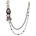 Punk double-layer wallet chain with metal dice charms and leather flower stud accent - Black Leather