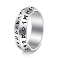 Macro detail of silver Viking rune ring showing Nordic Elder Futhark engravings on steel - US 6 / Silver