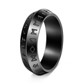 Macro view of vintage Viking runes engraved on a black stainless steel wide band ring - US 6 / Black