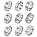 Set di nove anelli in acciaio inossidabile argento con chiave greca e design rotanti - US 7 / Argento