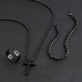 Schwarzes Edelstahl-Schmuckset mit Kreuzanhänger, Panzerarmband und hohlem Ring-Design - Schwarz