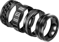 Set of four black stainless steel rings with chain, Roman numerals, and brushed finish styles - Size 7 / Black 4-Piece Set