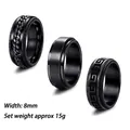 Dreiteiliges schwarzes 8mm drehbares Titanstahl-Herrenringset mit Kette und griechischen Mustern - US 6 / Schwarz (Rotierendes Trio)