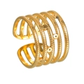 Close-up of golden multi-layer open ring with grainy texture and circular studs - Adjustable (JWR1902) / Gold