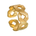 Macro shot of gold geometric open ring showing intricate hollow weave and brushed texture - Adjustable Open / Gold