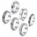 Set of 6 silver spinner rings with moon and star designs in brushed stainless steel - US 6 / Silver (SMTZ607)
