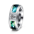 Bague maçonnique en acier inoxydable argenté avec nacre d'abalone et emblème G - US 6 / Maçonnique