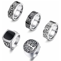 Set di cinque anelli vintage in acciaio inossidabile da uomo con motivi celtici e albero - US 7 / Argento Vintage (SMTZ204)