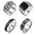 4-piece men titanium steel ring set with Celtic knot, Greek fret and black enamel signet - US 7 / Celtic Knot, Signet, Chain And Greek Key Styles (SMTZ205)