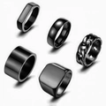 Five-piece set of men's black stainless steel rings featuring cuban link and signet styles - Black