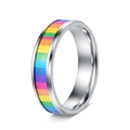 Detailed view of 6mm rainbow stripe inlay on a polished silver stainless steel ring band - US 6 / Silver