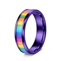 Macro view of purple titanium steel ring with vibrant rainbow striped center inlay - US 6 / Purple