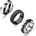 Dreiteiliges Titanstahl-Ring-Set mit gebürsteten, matten und Ketteneinlagen-Details - US 6 / Kombination aus verschlungenen schwarz-silbernen Ringen, schwarzem mattiertem Ring und rotierendem Kettenring (SMTZ619)