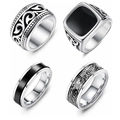 Set di anelli da uomo stile punk vintage in acciaio al titanio con pietre nere e incisioni - US 7 / Argento