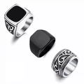 Men's titanium steel ring set featuring Celtic knots, black square top and retro engravings - US 6 / Celtic Knot And Vintage Embossed Ring Set (SMTZ673)