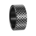 Macro shot of 10mm wide black stainless steel ring featuring textured cross-weave pattern - US 7 / Black Grid